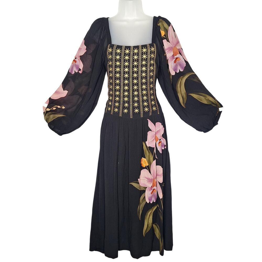 Farm Rio Anthropologie Goddess Dress XS Orchid Embroidered Floral Renaissance